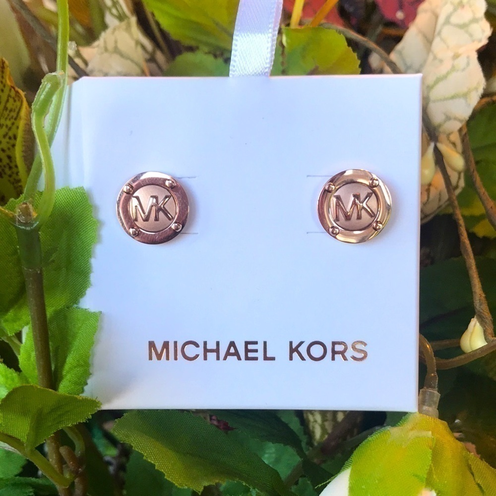 Brand New Michael Kors Circular Logo Rose Gold Tone Post Earrings